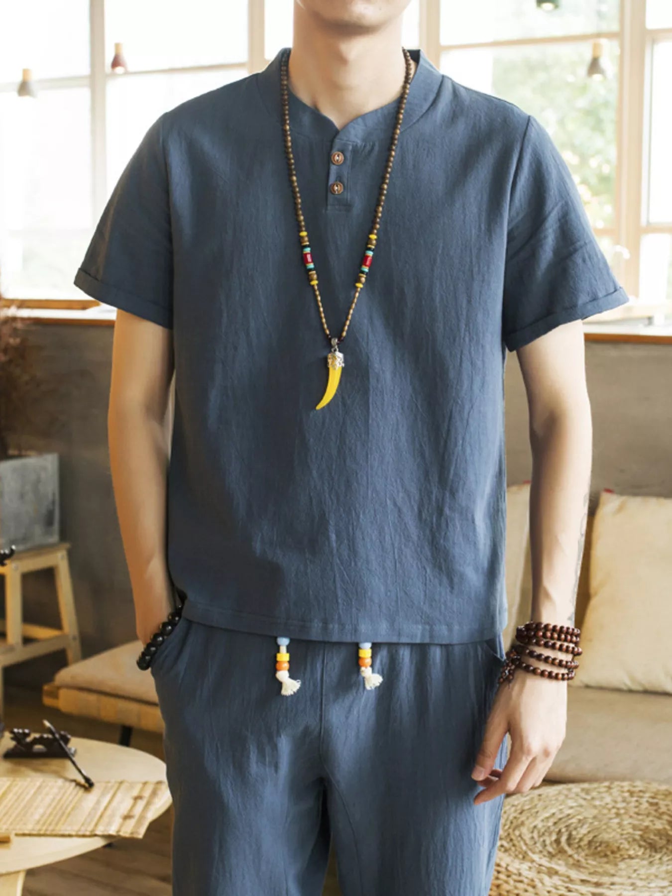 Men's button-detail short-sleeve top and matching pants set
