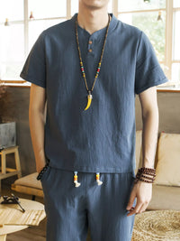 Men's button-detail short-sleeve top and matching pants set