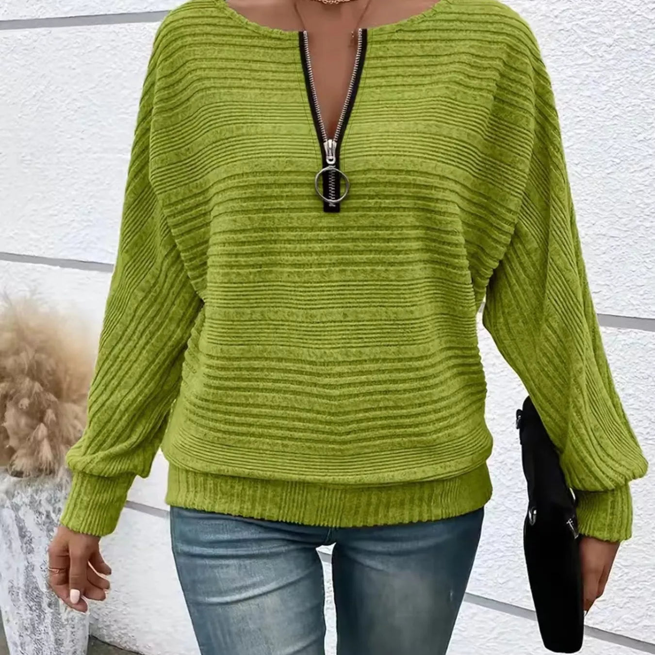 Ribbed Knit Quarter Zip Sweatshirt in vibrant green, featuring a stylish zipper and relaxed fit for comfortable wear.