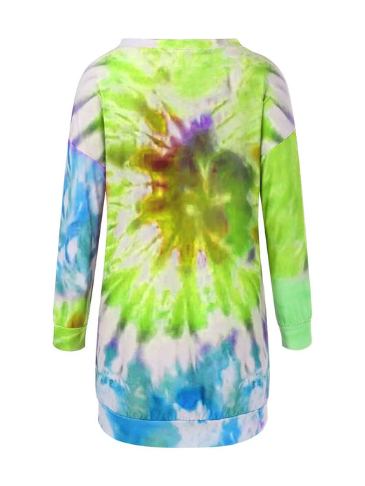 Full Size Tie-Dye Round Neck Long Sleeve Dress featuring a colorful back view design in green and blue.