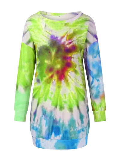 Full Size Tie-Dye Round Neck Long Sleeve Dress in vibrant green and blue colors