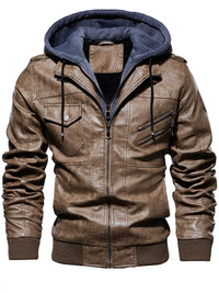 Men's Plus Size Zip Up Drawstring Hooded Jacket in brown leather with a gray hood, featuring zipper pockets and warm material.