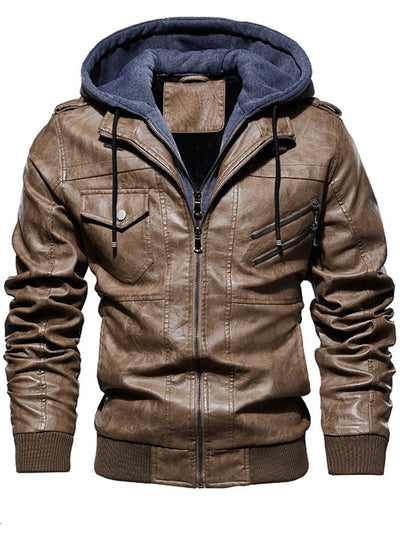 Men's Plus Size Zip Up Drawstring Hooded Jacket in brown leather with a gray hood, featuring zipper pockets and warm material.