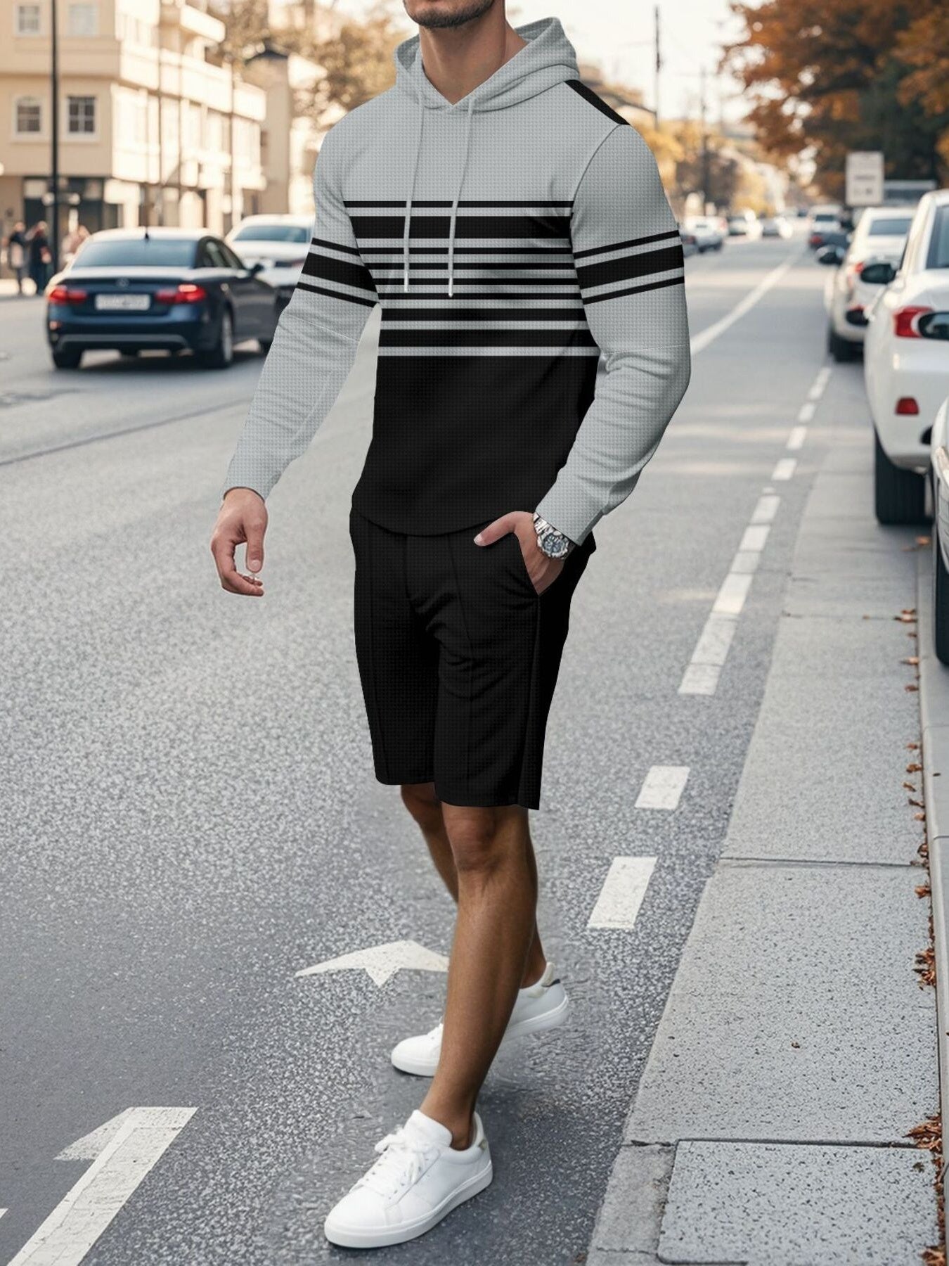 Men's striped hoodie and drawstring shorts set