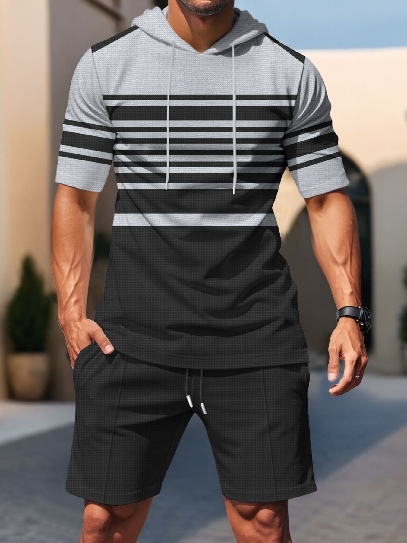 Men's striped short-sleeve hoodie and shorts set