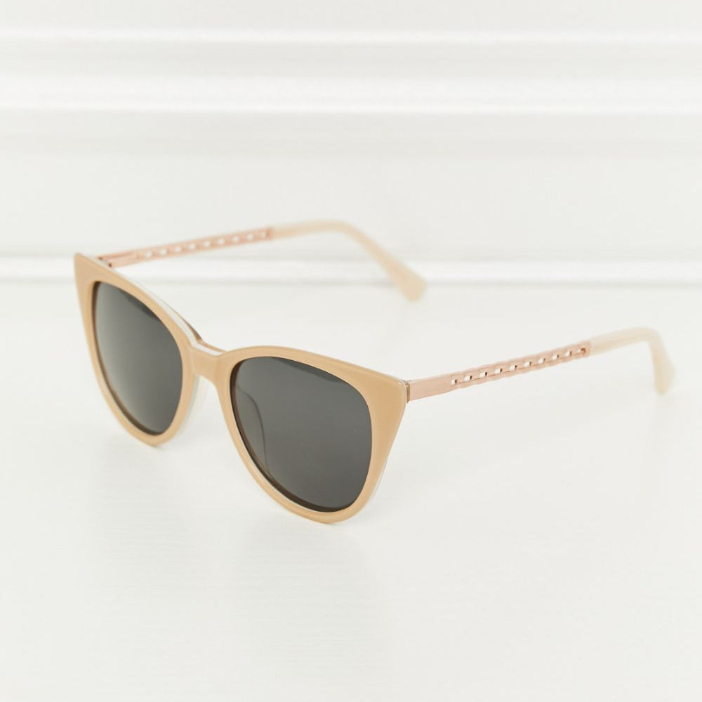 Cat-Eye Acetate Frame Sunglasses with black lenses and embellished metal temple accents.