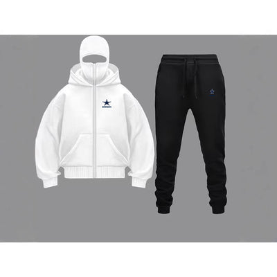 Unique Design Double Hooded Zip-Up Sweatshirt Set for Men and Women in white and black.