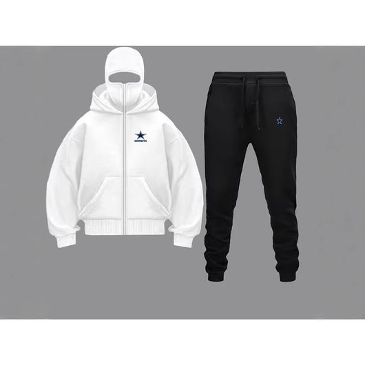 Unique Design Double Hooded Zip-Up Sweatshirt Set for Men and Women in white and black.