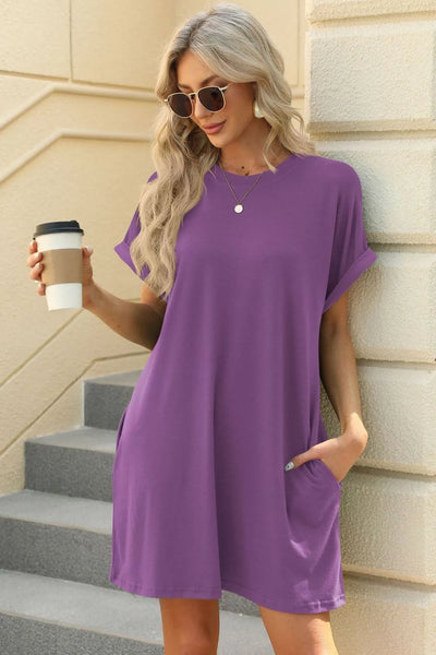Florira Short Sleeve Mini Dress with Pockets in purple, featuring pockets, perfect for casual outings.