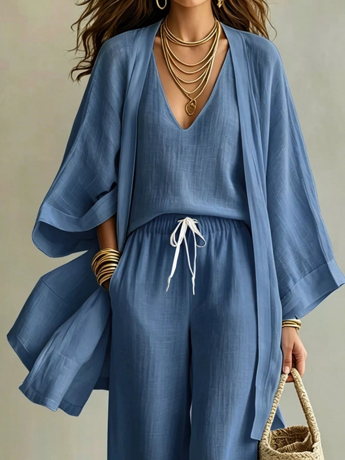 The Marlowe Three-Piece Set – cardigan drape and sleeve detail
