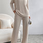 Khaki Slouchy Ribbed Knit V Neck Top & Pants Loungewear Set