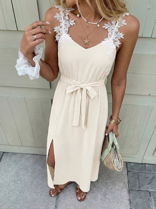 Lace Trimmed Slit Maxi Dress