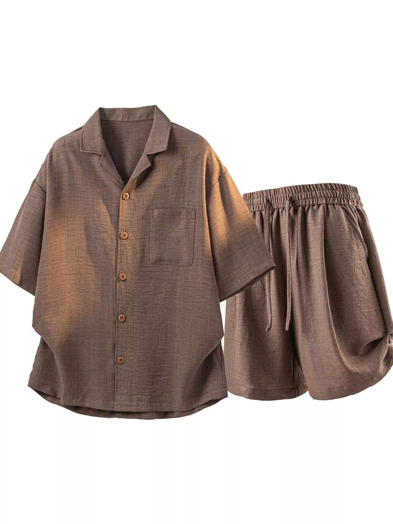 Men's short-sleeve button-up shirt and drawstring shorts set