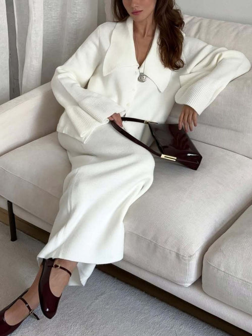 Button Down Long Sleeve Cardigan and Skirt Knit Set