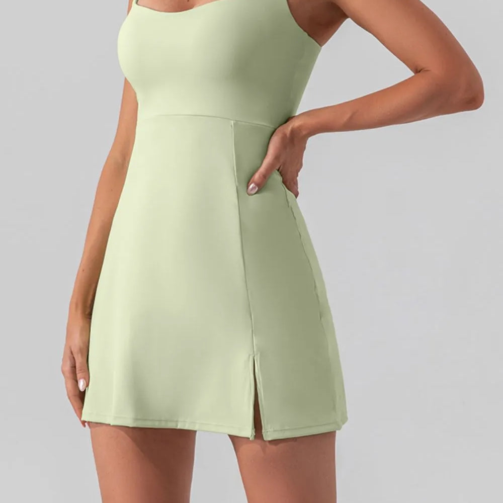 Square Neck Sleeveless Slit Mini Active Dress in light green with side slit and modern square neckline.