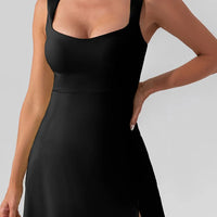 Square Neck Sleeveless Slit Mini Active Dress in sleek black fabric with modern cut and side slit for comfort and style.