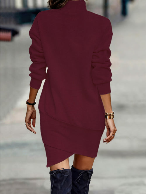 Turtleneck Long Sleeve Asymmetrical Hem Mini Dress