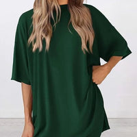 Full Size Oversized Slit Round Neck Top and Shorts Lounge Set Plus Size in green, featuring an oversized style and comfortable design.