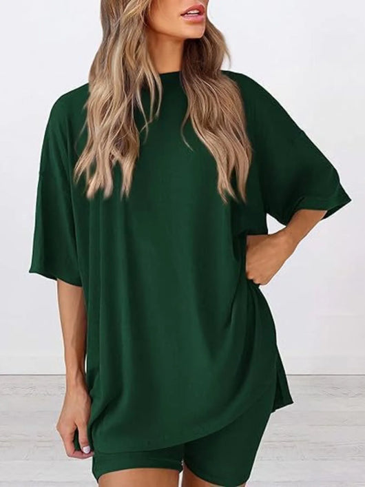Full Size Oversized Slit Round Neck Top and Shorts Lounge Set Plus Size in green, featuring an oversized style and comfortable design.