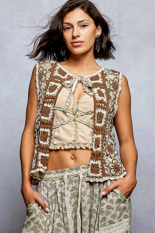 POL Tie Front Floral Pattern Crochet Vest with Scalloped Edge
