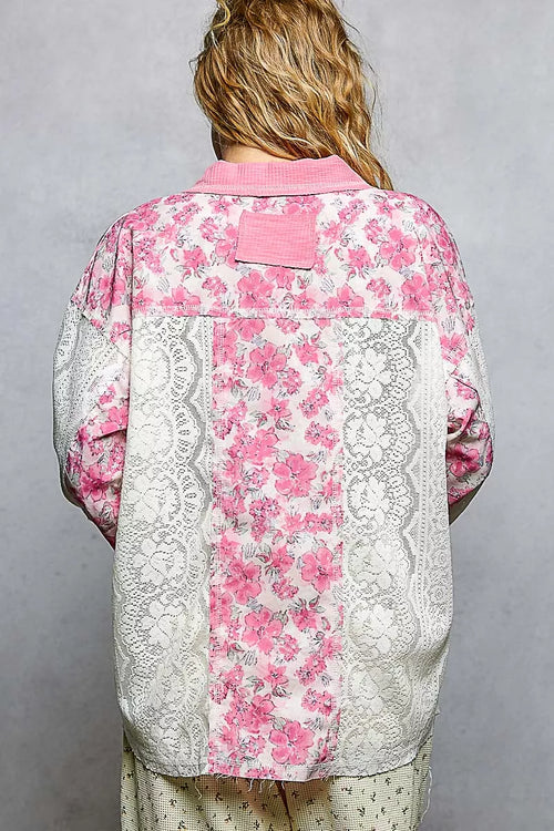 POL Floral Print Long Sleeve Lace Shirt with Front Pocket