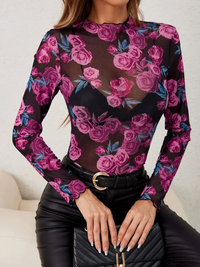 Floral Mock Neck Long Sleeve Top featuring sheer fabric and floral design in shades of purple.