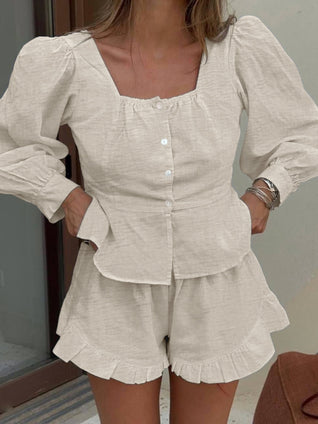 Button Front Lantern Sleeve Top and Shorts Set