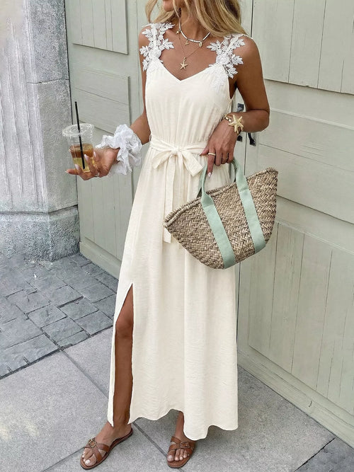 Lace Trimmed Slit Maxi Dress