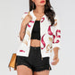 Perfee Printed Zip-Up Three-Quarter Sleeve Bomber Jacket