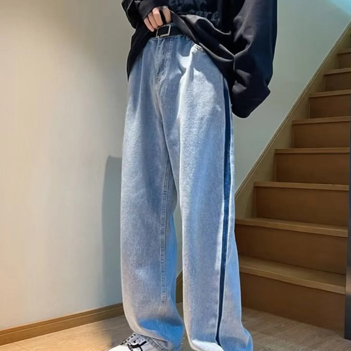 Men's Full Size Side Stripe Loose Fit Jeans Plus Size worn with a black long sleeve shirt, showcasing a relaxed style.