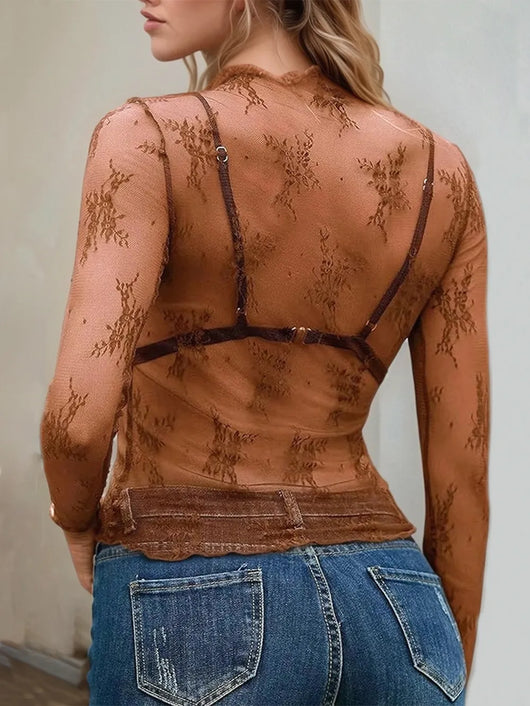 Floral Mock Neck Long Sleeve Mesh Top showcasing lace sheer design and moderate stretch with elegant detailing.