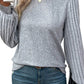 Gray Solid Color Contrast Ribbed Bishop Sleeve Top