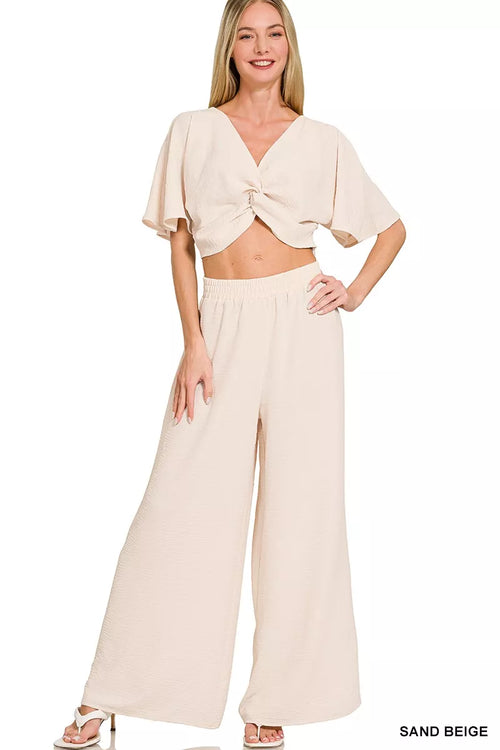 Zenana Woven Airflow Twisted Top & Wide Leg Pants Set