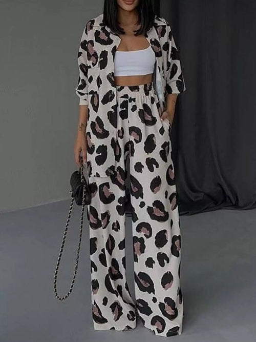 Leopard Print Relaxed Fit Shirt and Pants Two-Piece Set