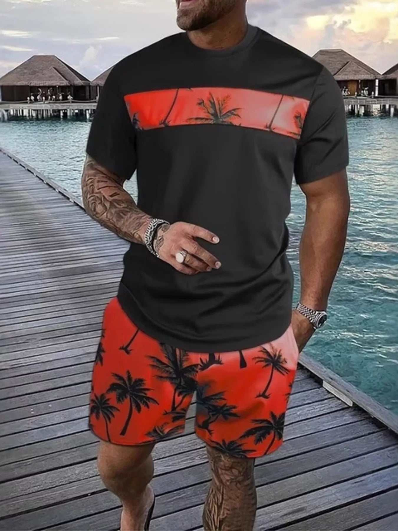 The Waikiki Palm Tee Set – palm tree print tee and shorts set, view 6