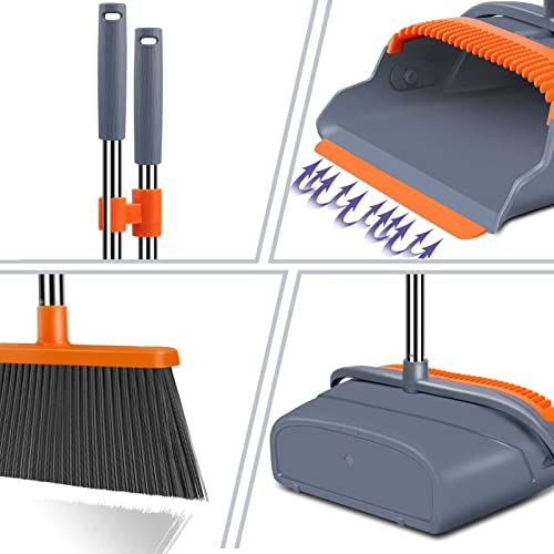 kelamayi Upgrade Broom and Dustpan Set, Self-Cleaning with Dustpan Teeth, Indoor&Outdoor Sweeping, Ideal for Dog Cat Pets Home Use, Stand Up Broom and Dustpan (Gray&Orange)