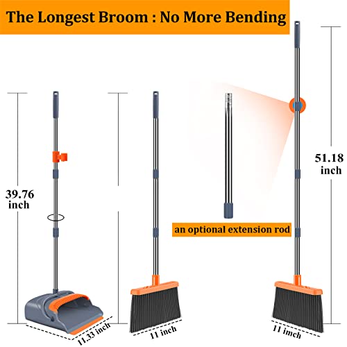 kelamayi Upgrade Broom and Dustpan Set, Self-Cleaning with Dustpan Teeth, Indoor&Outdoor Sweeping, Ideal for Dog Cat Pets Home Use, Stand Up Broom and Dustpan (Gray&Orange)