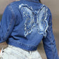 Butterfly Patch Long Sleeve Cropped Denim Top