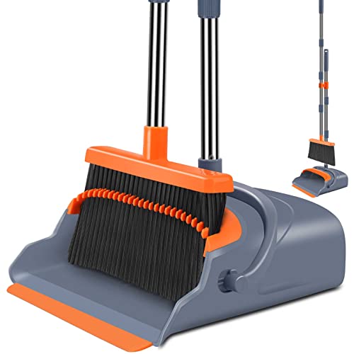 kelamayi Upgrade Broom and Dustpan Set, Self-Cleaning with Dustpan Teeth, Indoor&Outdoor Sweeping, Ideal for Dog Cat Pets Home Use, Stand Up Broom and Dustpan (Gray&Orange)