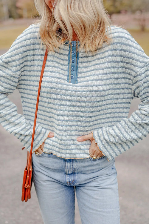 Striped Textured Knit Button Detail Top