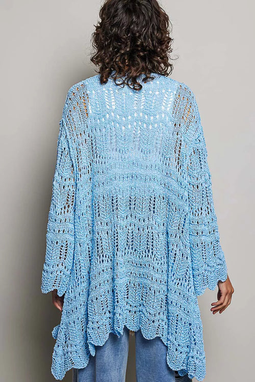 POL Openwork Lightweight Open Front Cardigan with Scalloped Edge