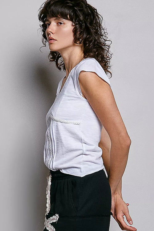 POL V-Neck Lightweight Textured Short Sleeve Knit Top with Lace Trim