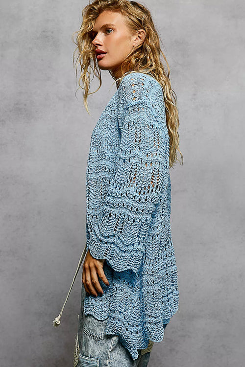POL Openwork Lightweight Open Front Cardigan with Scalloped Edge