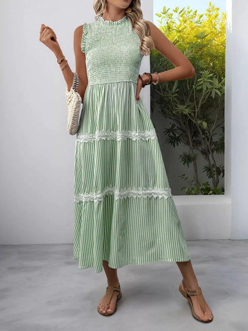 Smocked Striped Lace Trim Sleeveless Midi Dress