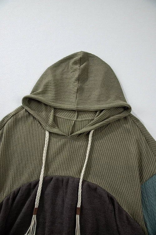 Color Block Waffle Knit Raw Hem Hoodie