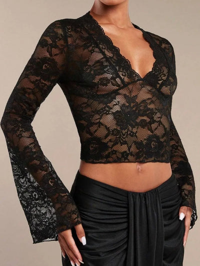 V-Neck Flare Sleeve Lace Top featuring sheer lace design and slightly stretchy material.