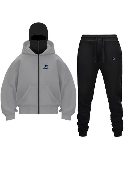 Unique Design Double Hooded Zip-Up Sweatshirt Set for Men and Women featuring a hooded sweatshirt and matching pants.