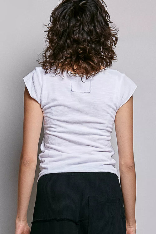 POL V-Neck Lightweight Textured Short Sleeve Knit Top with Lace Trim