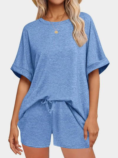 Round Neck T-Shirt and Drawstring Shorts Set in blue showcasing relaxed style and comfort.