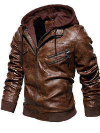 Men's Plus Size Zip Up Drawstring Hooded Jacket, brown leather style with zippered pockets and drawstring hood.